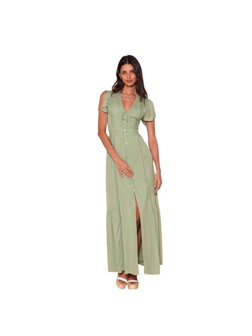 Lulus Completely In Love Swiss Dot Button-Front Maxi Dress In Sage Green Sz XL